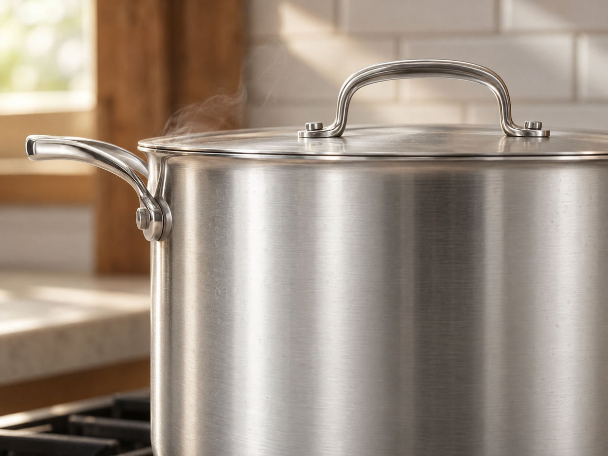 A close view of a Heritage Steel stainless stock pot, lid on and steam rising, on the range