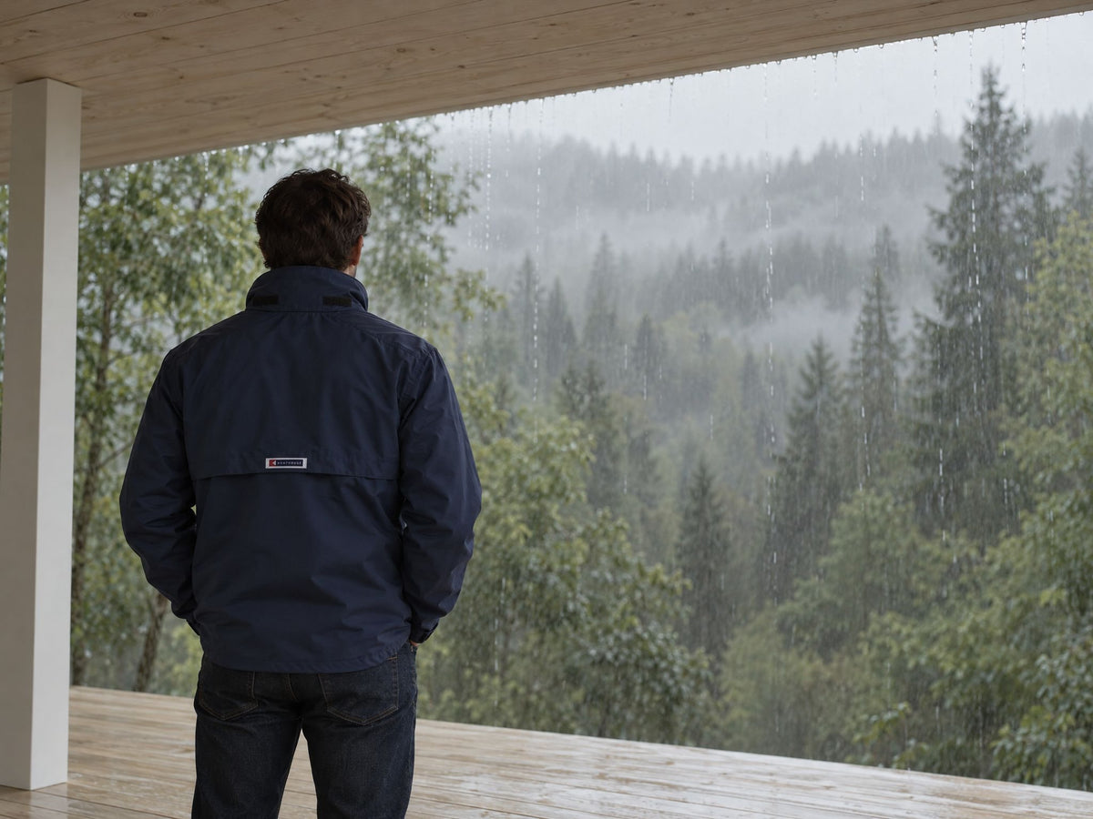A man in a navy Boathouse Barrier Jacket, seen from behind under a roof overhang, looking out at a rainy forest