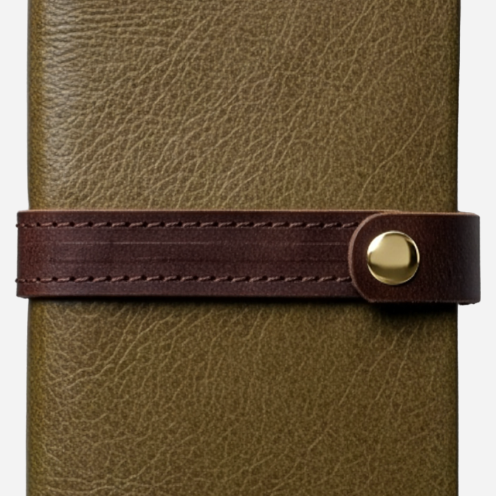 Leather Writer's Journal, Olive, leather strap, snap and grain detail