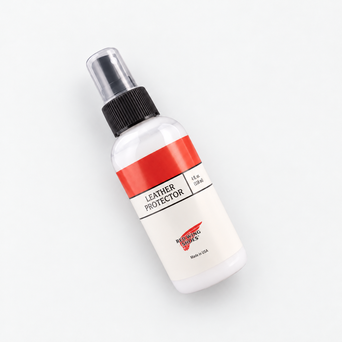 Red Wing Leather Protector bottle, diagonal view with front label and clear cap