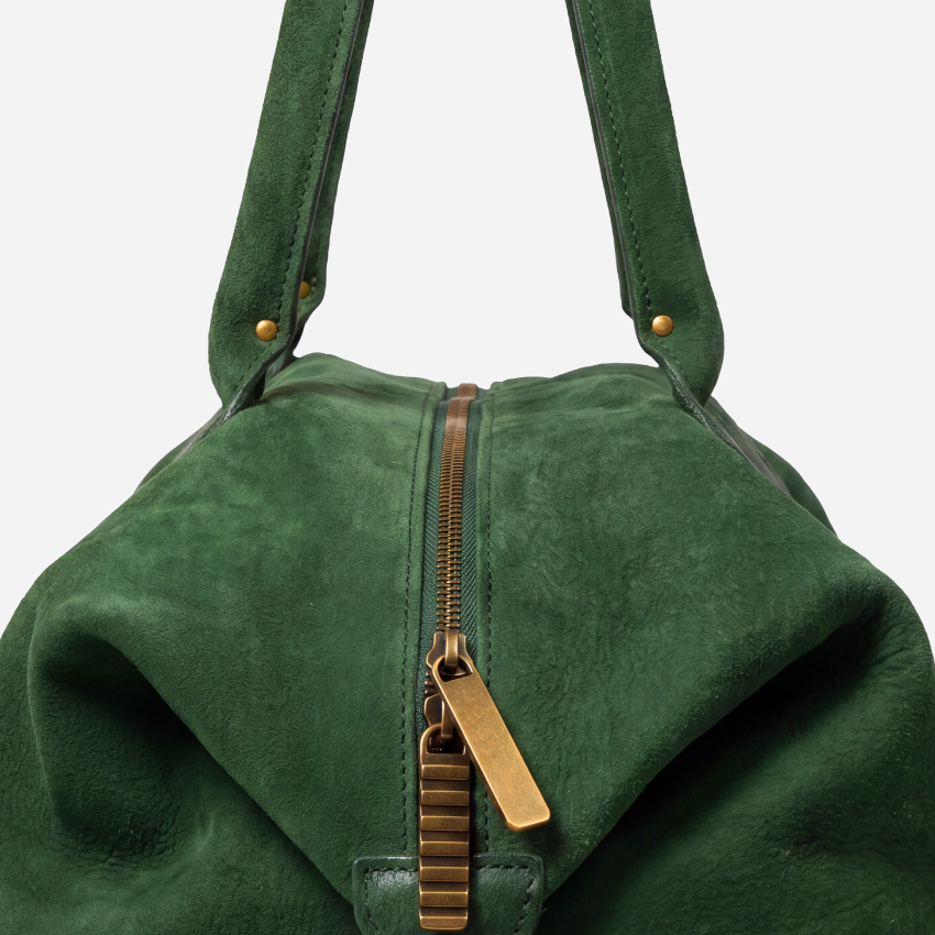 Seven Hills Benny Duffel, Heritage Emerald Nubuck, leather stitching, handle or zipper detail