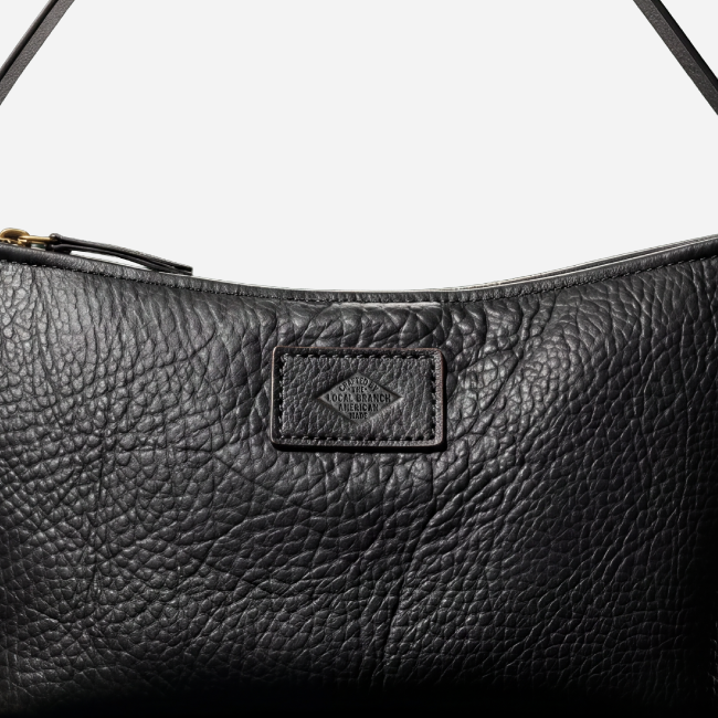 Solstice Shoulder Bag, Black, leather, top seam and patch detail