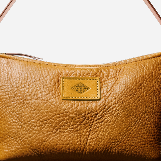 Solstice Shoulder Bag, Caramel, leather, top seam and patch detail