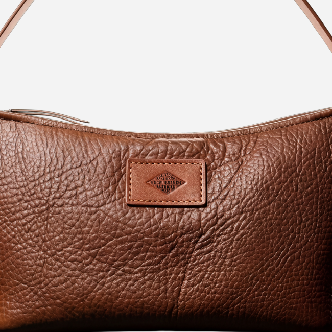 Solstice Shoulder Bag, Chocolate, leather, top seam and patch detail