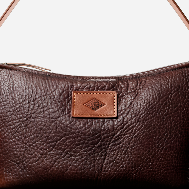 Solstice Shoulder Bag, Mahogany, leather, top seam and patch detail