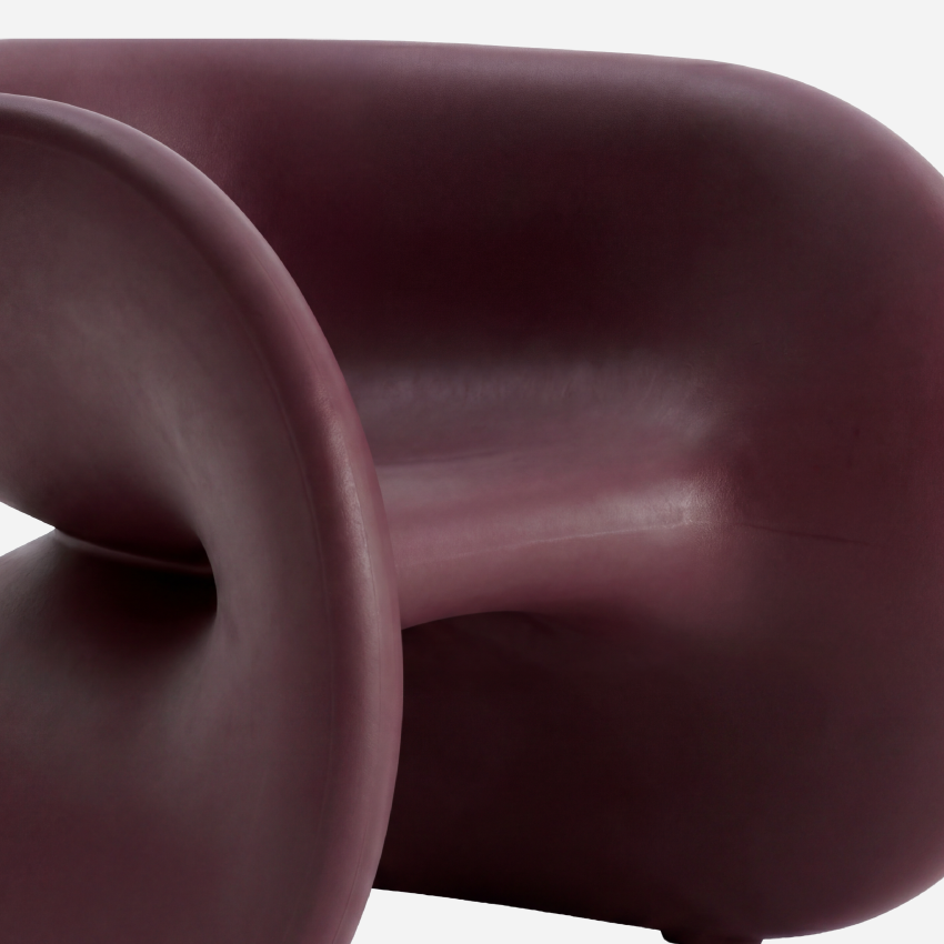The Fortune Chair, Dark Cherry, curved seat and molded surface detail
