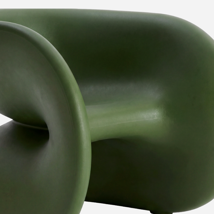 The Fortune Chair, Olive, curved seat and molded surface detail