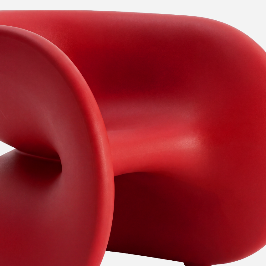 The Fortune Chair, Tomato, curved seat and molded surface detail