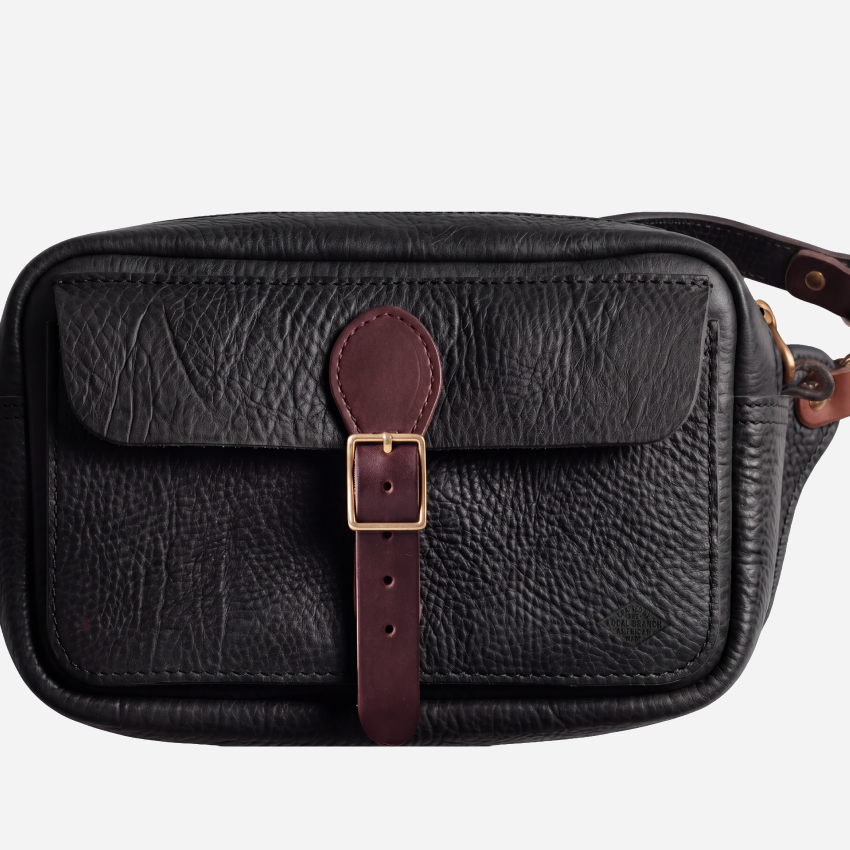 Vagabond Sling Pack, Black, leather stitching, handle or zipper detail