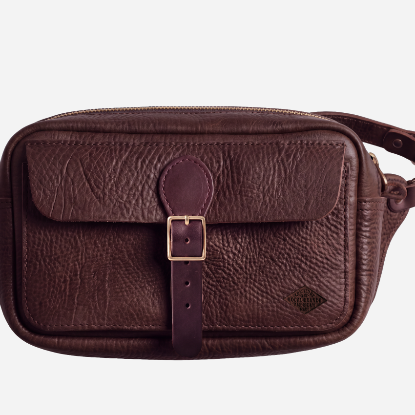 Vagabond Sling Pack, Chocolate, leather stitching, handle or zipper detail
