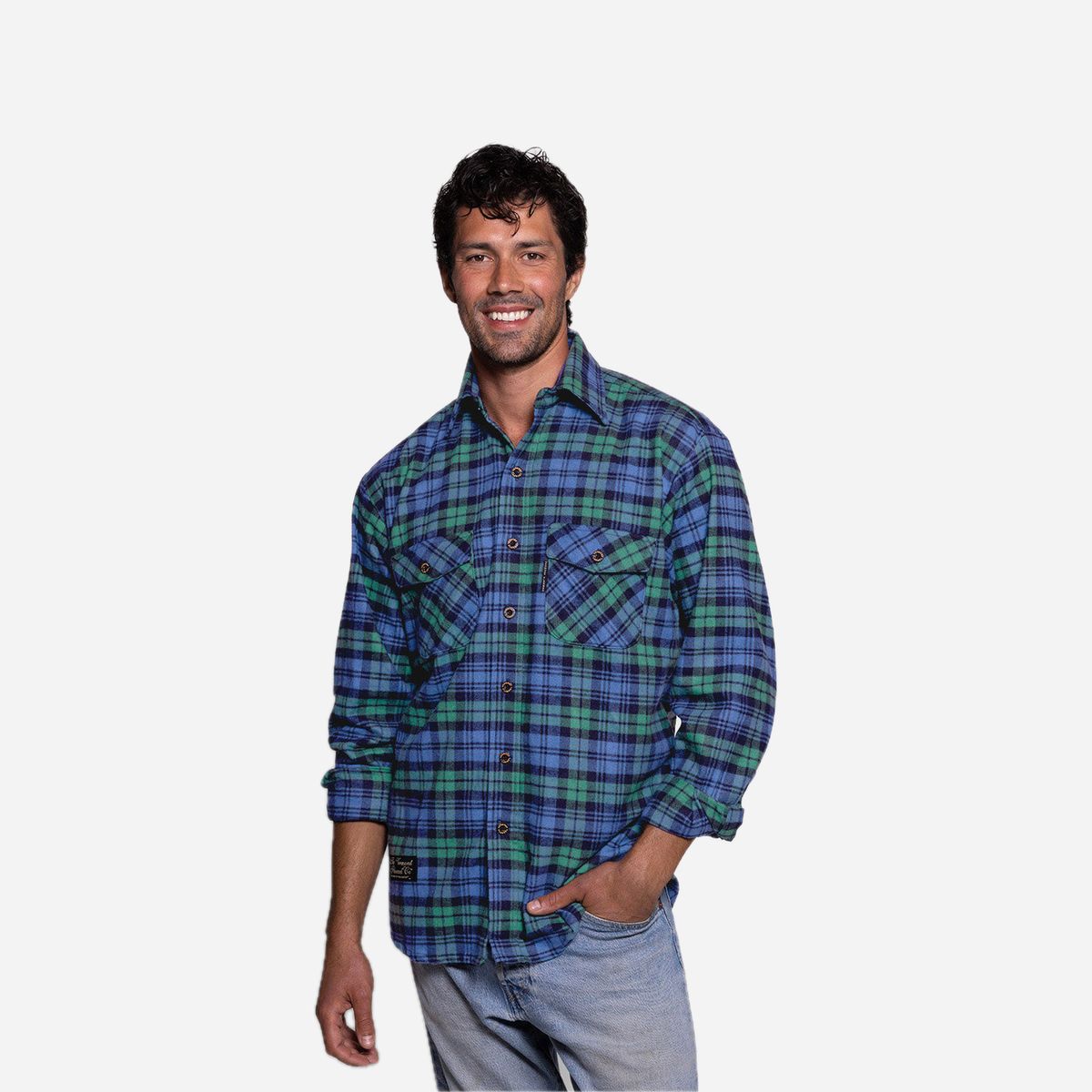 Vermont Flannel Men's Classic Flannel Shirt, Black Watch, worn view