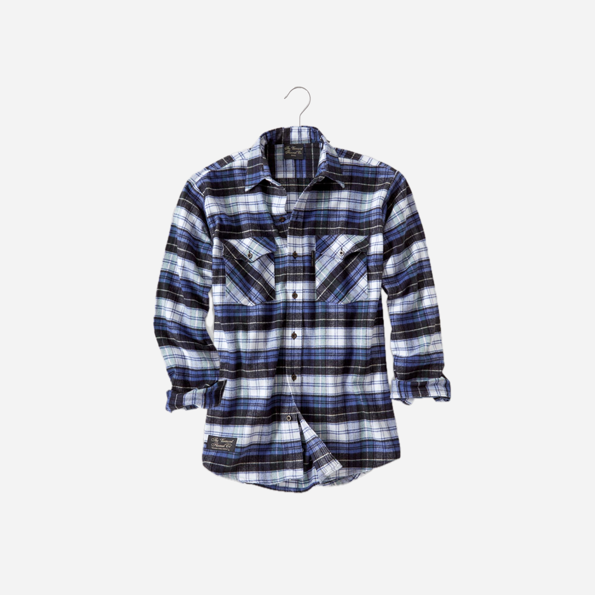 Vermont Flannel Men's Classic Flannel Shirt in Campbell plaid, front view on a wire hanger