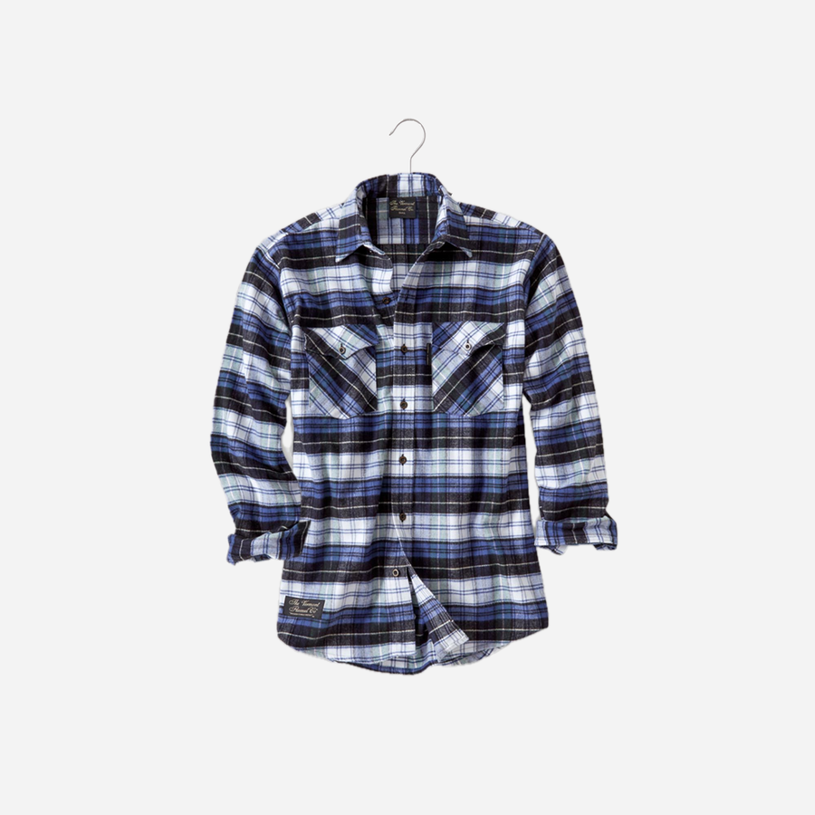 Vermont Flannel Men's Classic Flannel Shirt in Campbell plaid, front view on a wire hanger