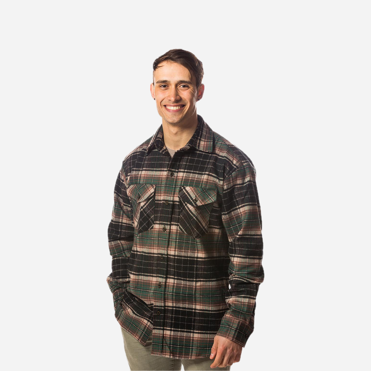 Vermont Flannel Men's Classic Flannel Shirt, Earth, worn view