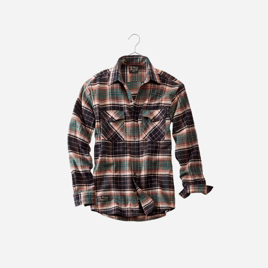 Vermont Flannel men's Classic Flannel Shirt in Earth plaid, hanging front view with turned-up cuffs