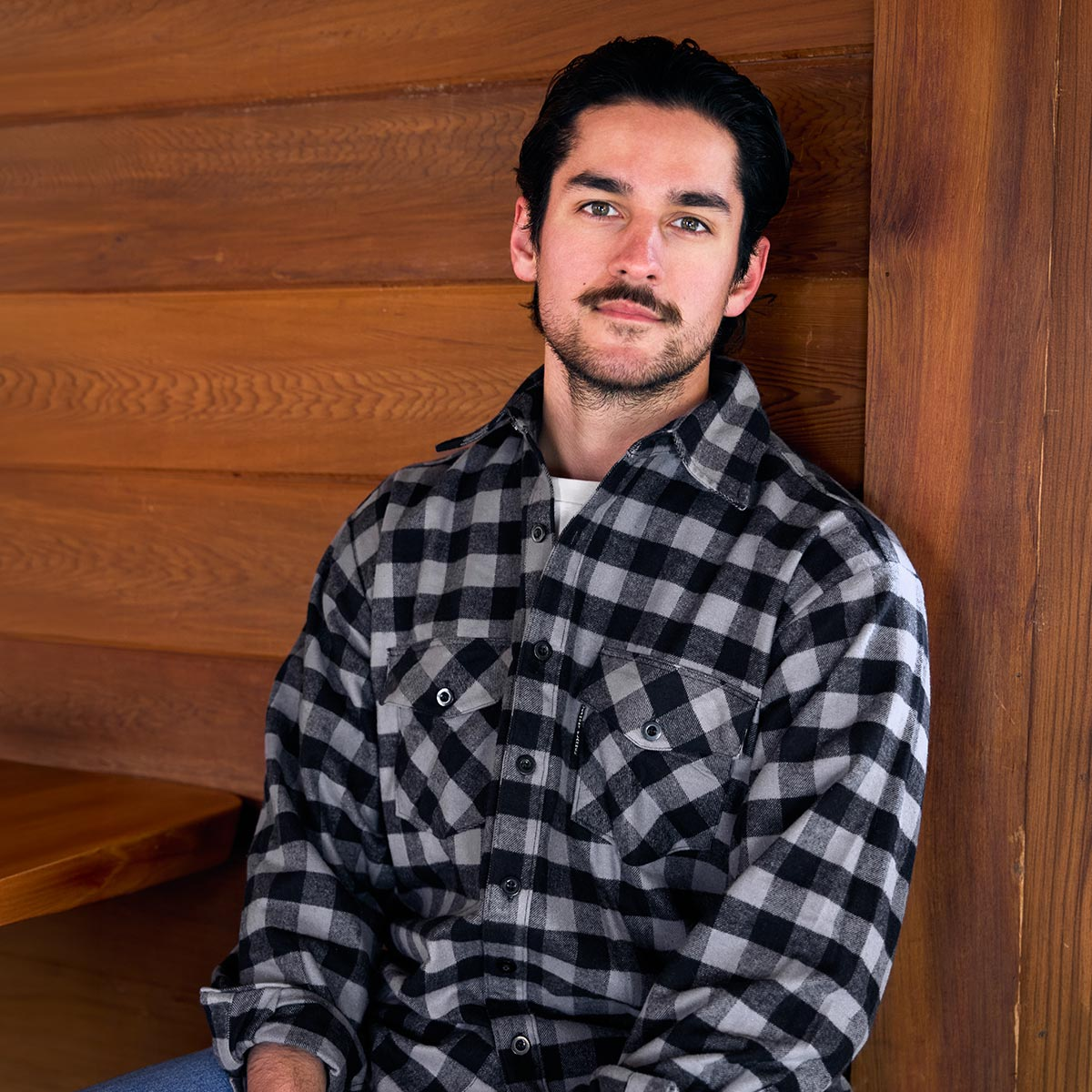 Vermont Flannel Men's Classic Flannel Shirt, Gray Buffalo, worn view