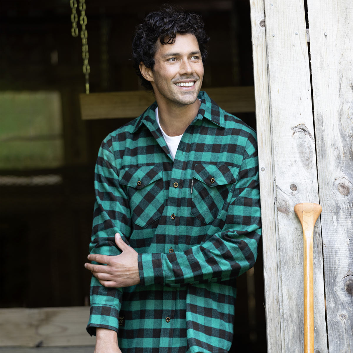 Vermont Flannel Men's Classic Flannel Shirt, Green Buffalo, worn view