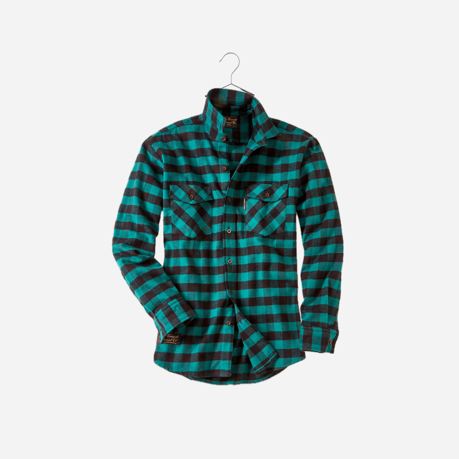 Vermont Flannel Men's Classic Flannel Shirt in Green Buffalo, green and black check with two button-flap chest pockets
