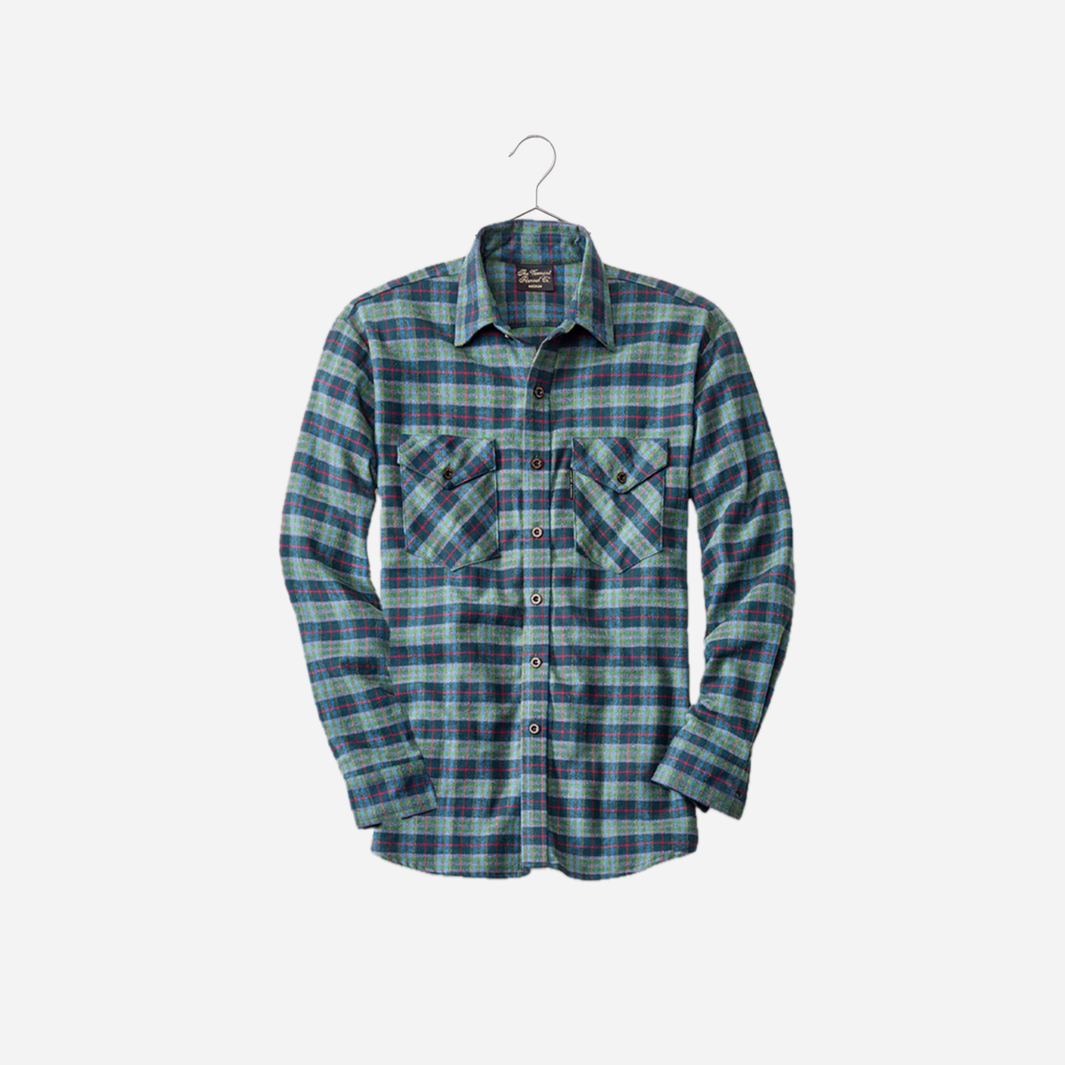 Vermont Flannel men's Classic Flannel Shirt in Montana plaid, hanging front view with unrolled cuffs