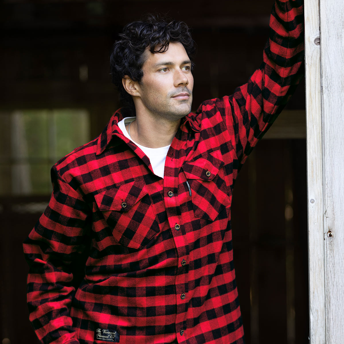 Vermont Flannel Men's Classic Flannel Shirt, Red Buffalo, second worn view