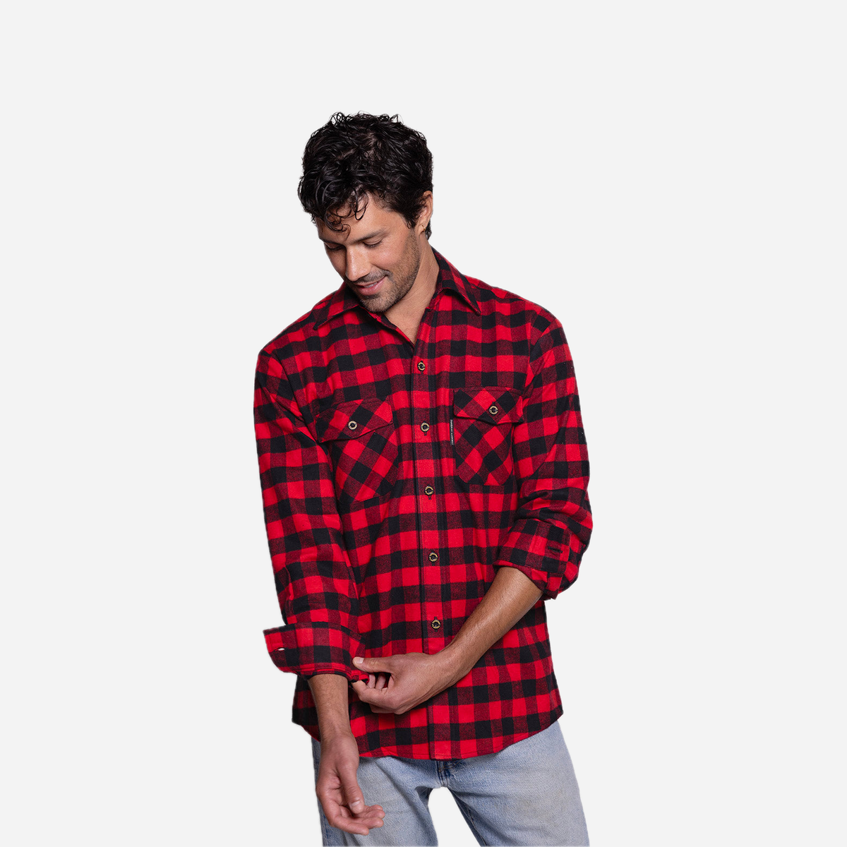 Vermont Flannel Men's Classic Flannel Shirt, Red Buffalo, worn view