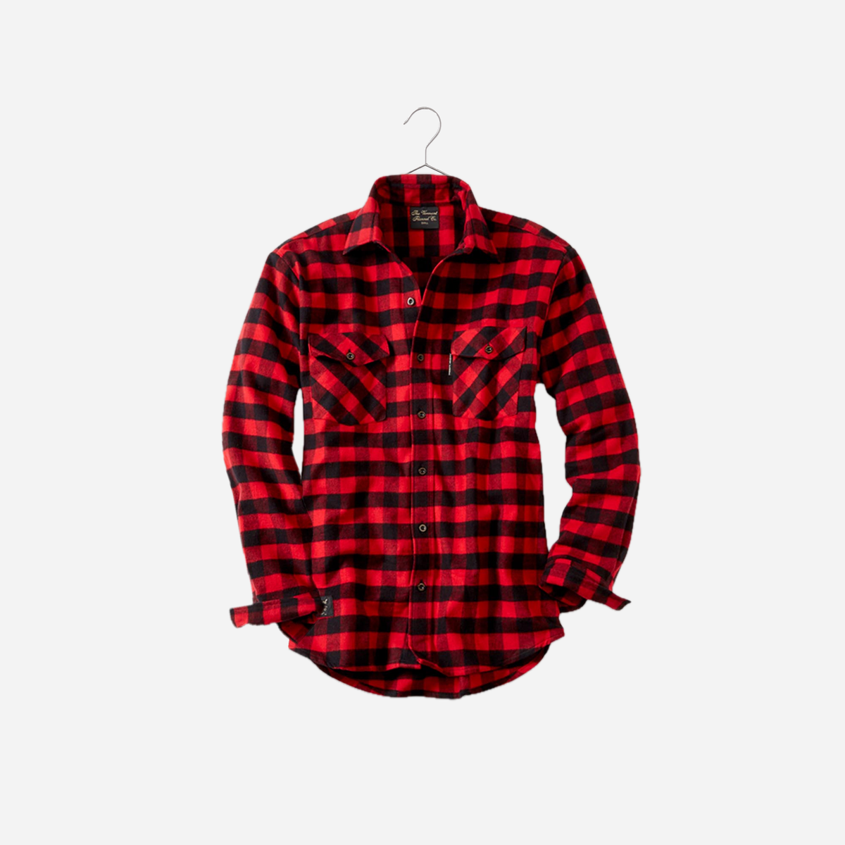 Vermont Flannel men's Classic Flannel Shirt in Red Buffalo, hanging front view with turned-up cuffs