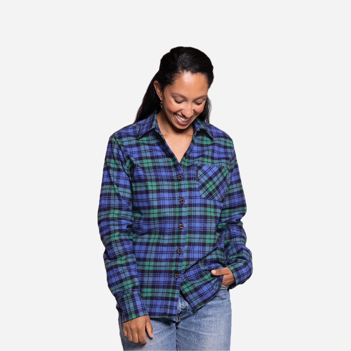 Vermont Flannel Women's Classic Flannel Shirt, Black Watch, worn view