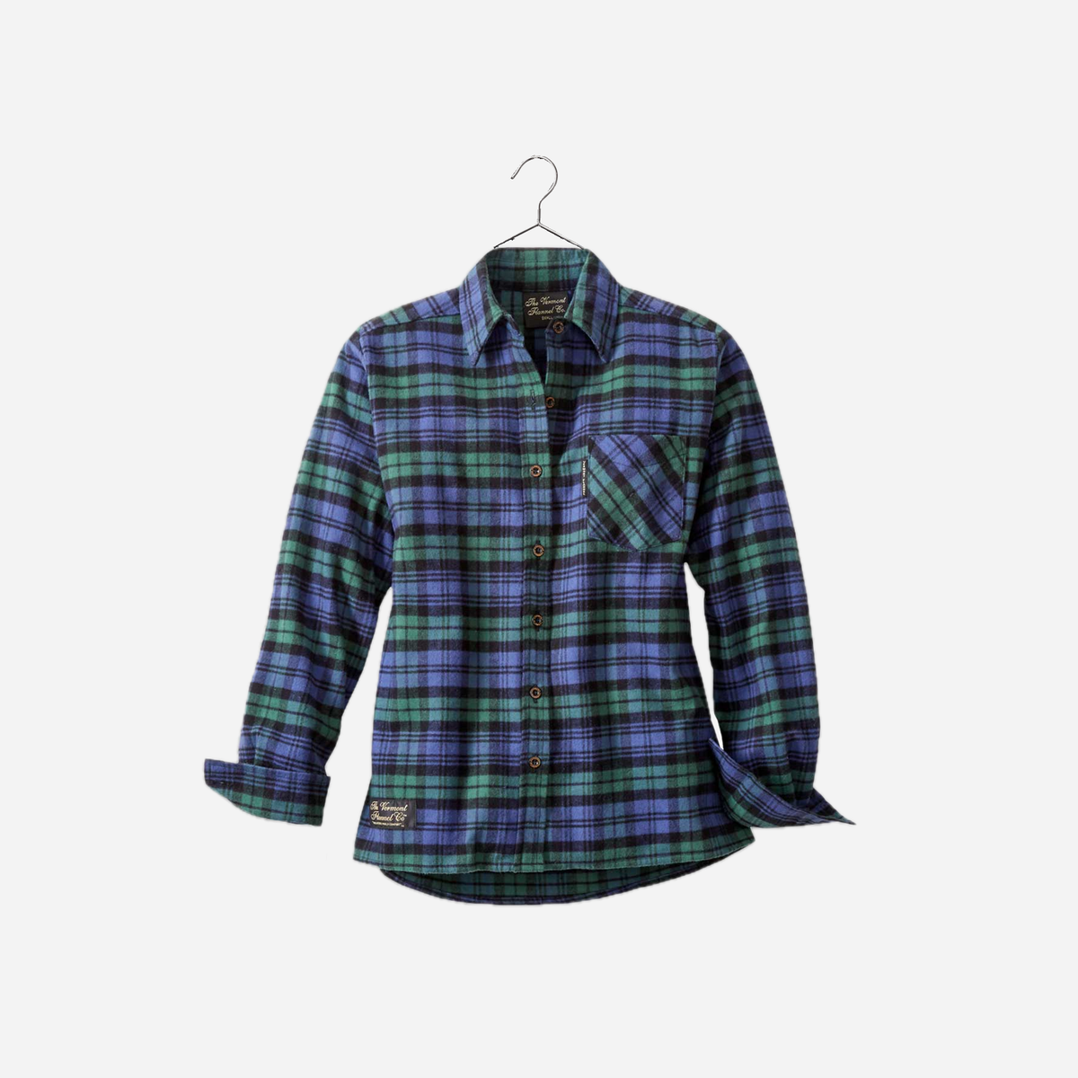 Vermont Flannel Women's Classic Flannel Shirt in Black Watch on a silver hanger, front view