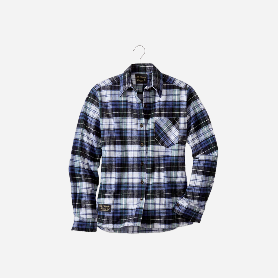 Vermont Flannel Women's Classic Flannel Shirt in Campbell plaid, hanging front view with left cuff drawn inward