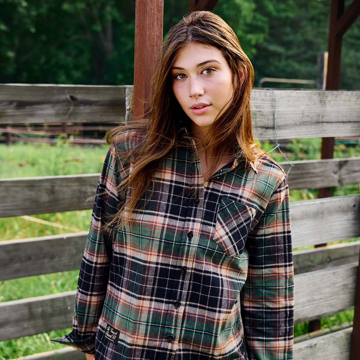 Vermont Flannel Women's Classic Flannel Shirt, Earth, worn view
