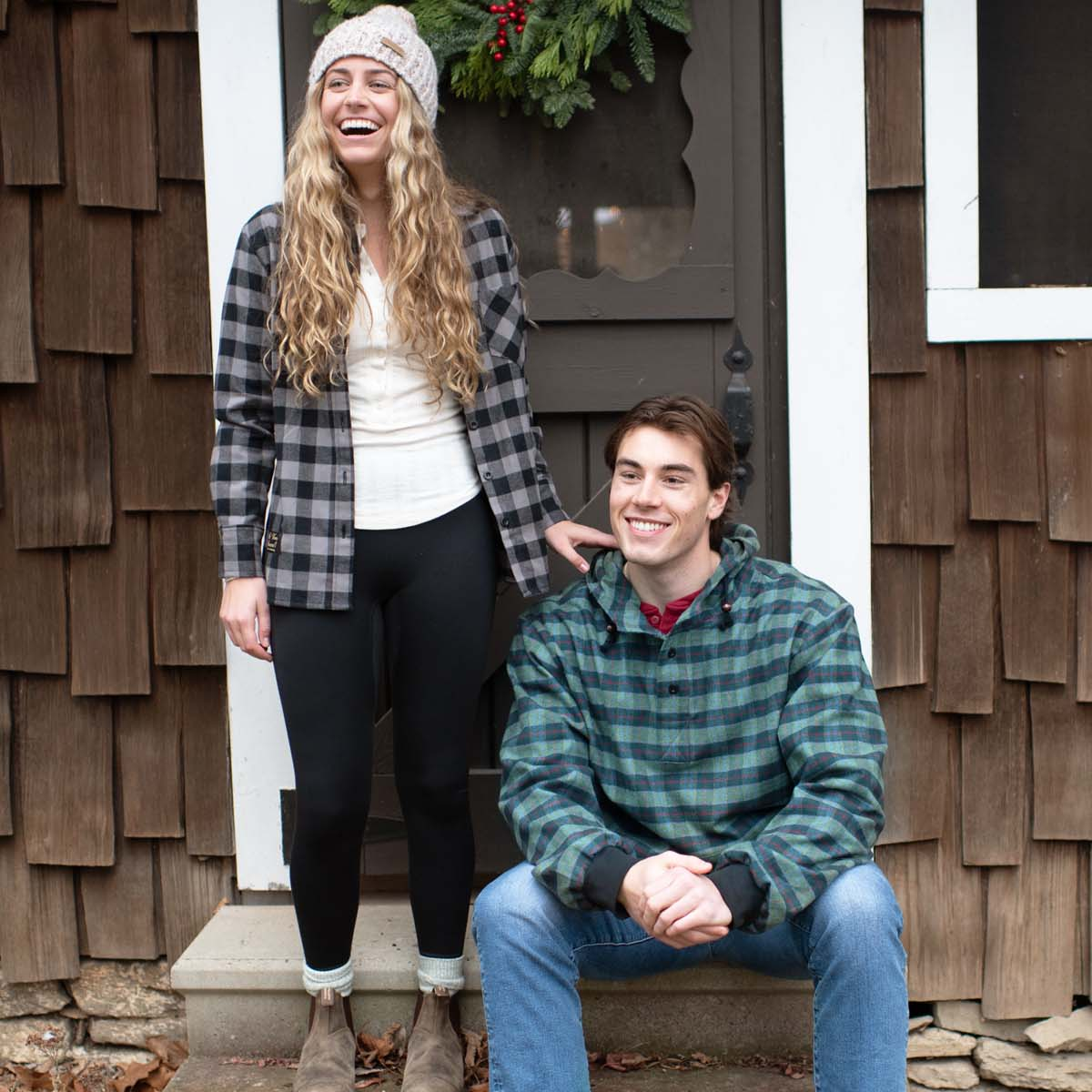 Vermont Flannel Women's Classic Flannel Shirt, Gray Buffalo, worn view