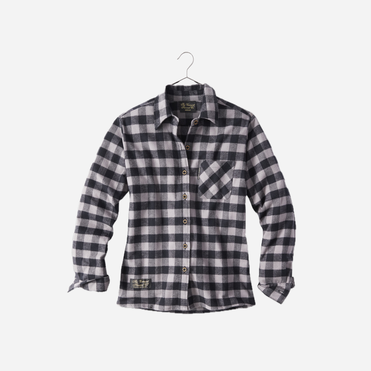 Vermont Flannel Women's Classic Flannel Shirt in Gray Buffalo on a silver hanger, front view