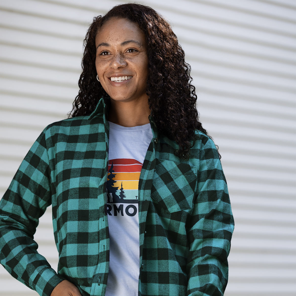 Vermont Flannel Women's Classic Flannel Shirt, Green Buffalo, worn view