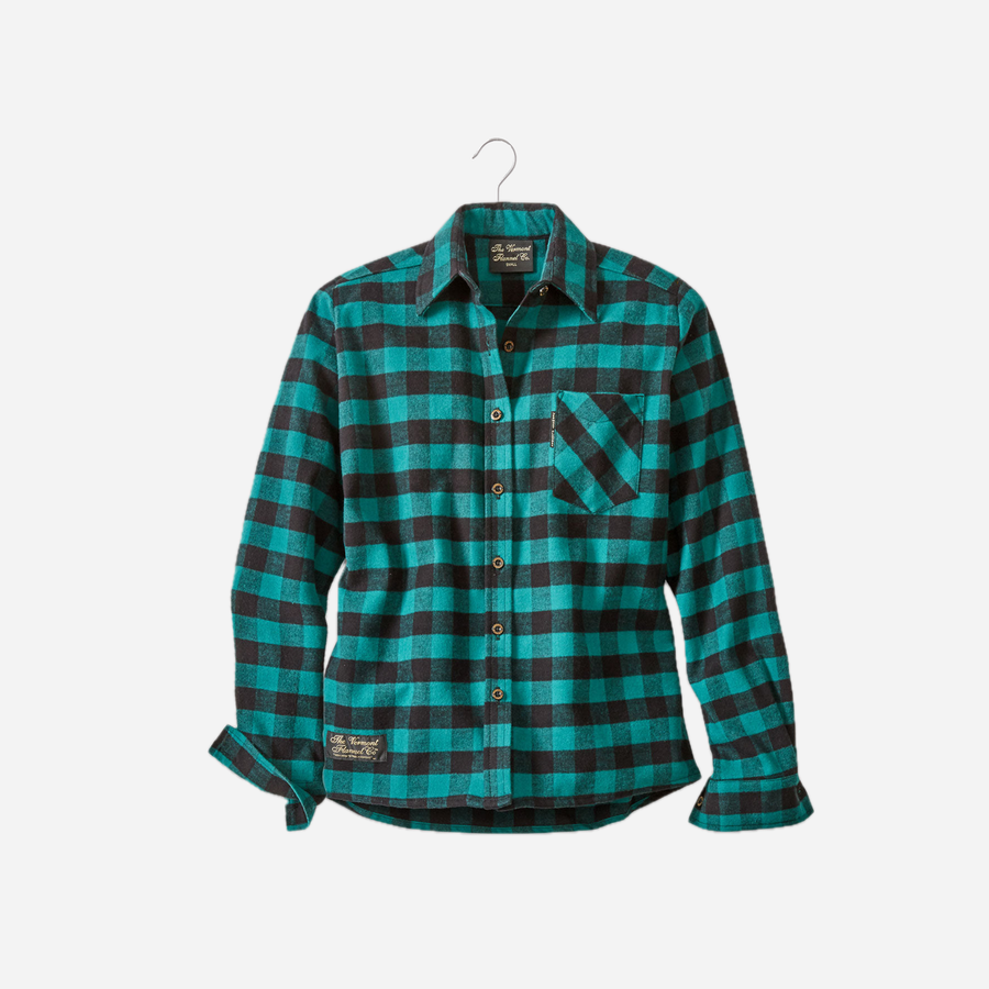 Vermont Flannel Women's Classic Flannel Shirt in Green Buffalo, hanging front view with a single bias-cut chest pocket