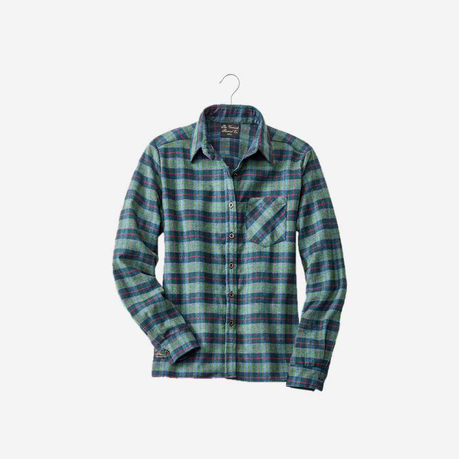 Vermont Flannel Women's Classic Flannel Shirt in Montana plaid, hanging front view with right cuff angled inward