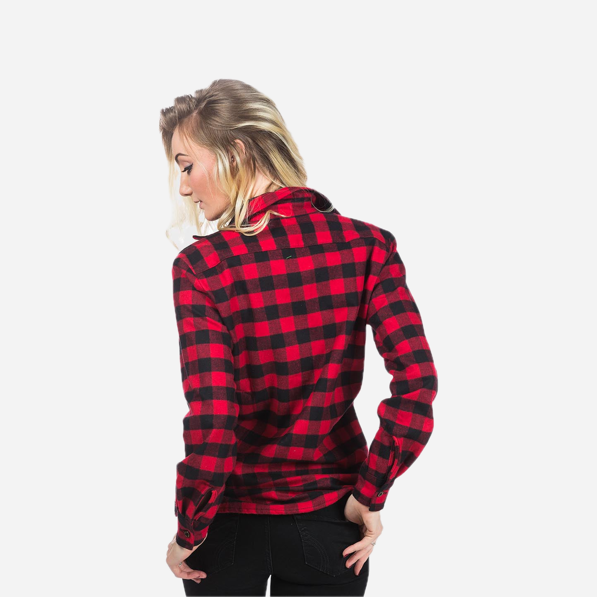 Vermont Flannel Women's Classic Flannel Shirt in Red Buffalo check, worn rear three-quarter view showing back yoke and button cuffs