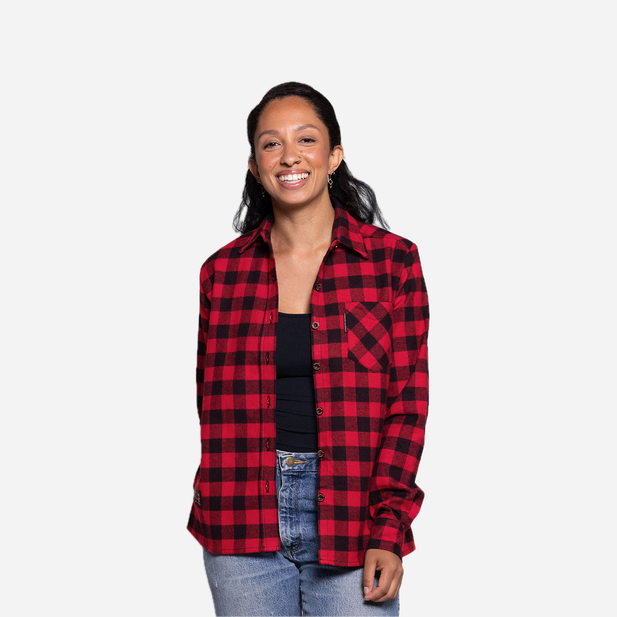 Vermont Flannel Women's Classic Flannel Shirt, Red Buffalo, worn view