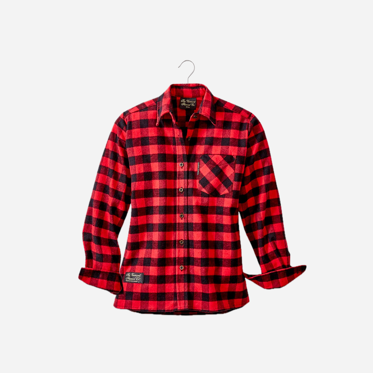 Vermont Flannel Women's Classic Flannel Shirt in Red Buffalo check, hanging front view with left cuff drawn inward