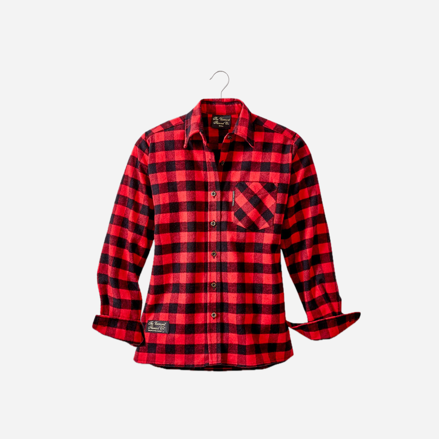 Vermont Flannel Women's Classic Flannel Shirt in Red Buffalo check, hanging front view with left cuff drawn inward