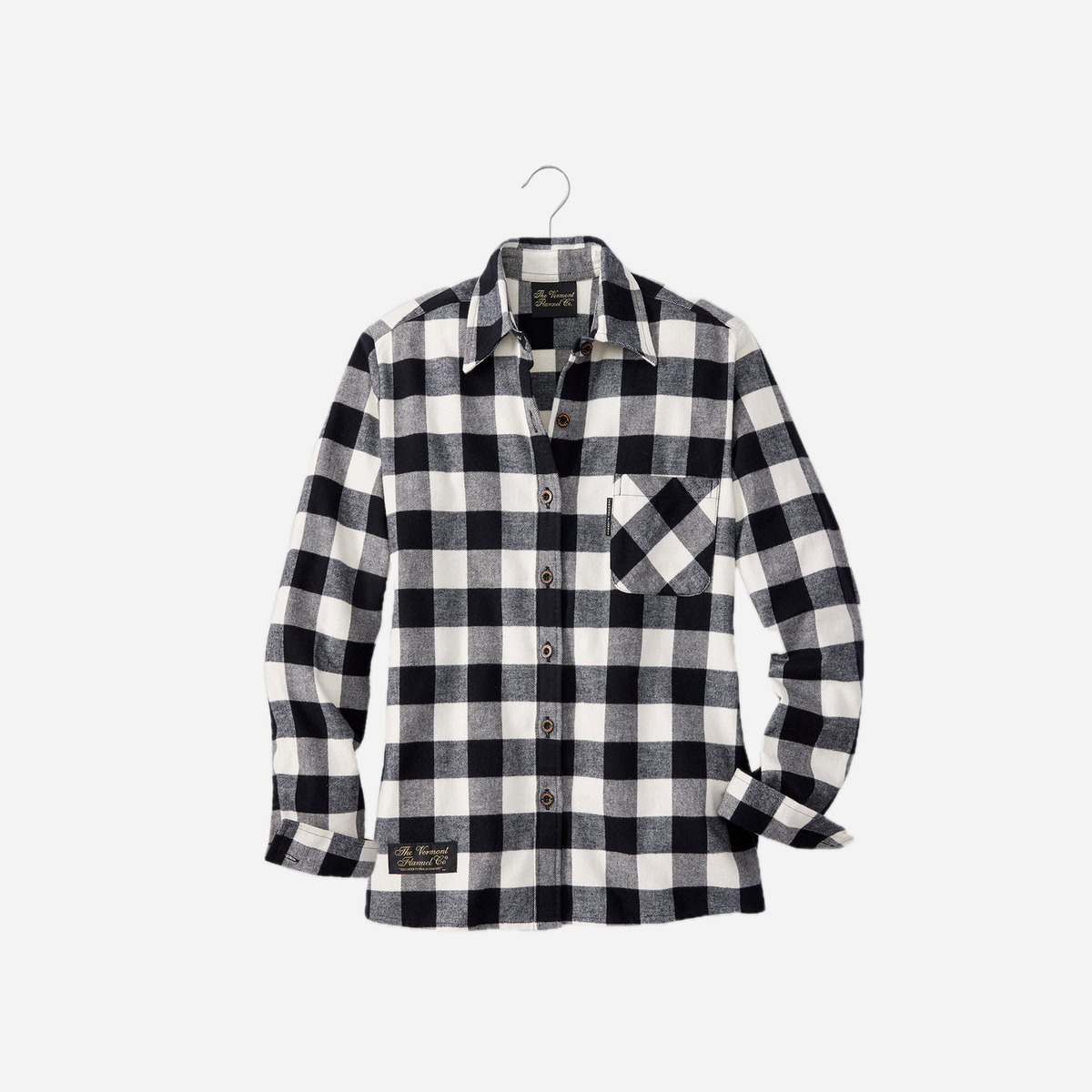 Vermont Flannel Women's Classic Flannel Shirt in Upcountry Check, hanging front view with a single bias-cut chest pocket
