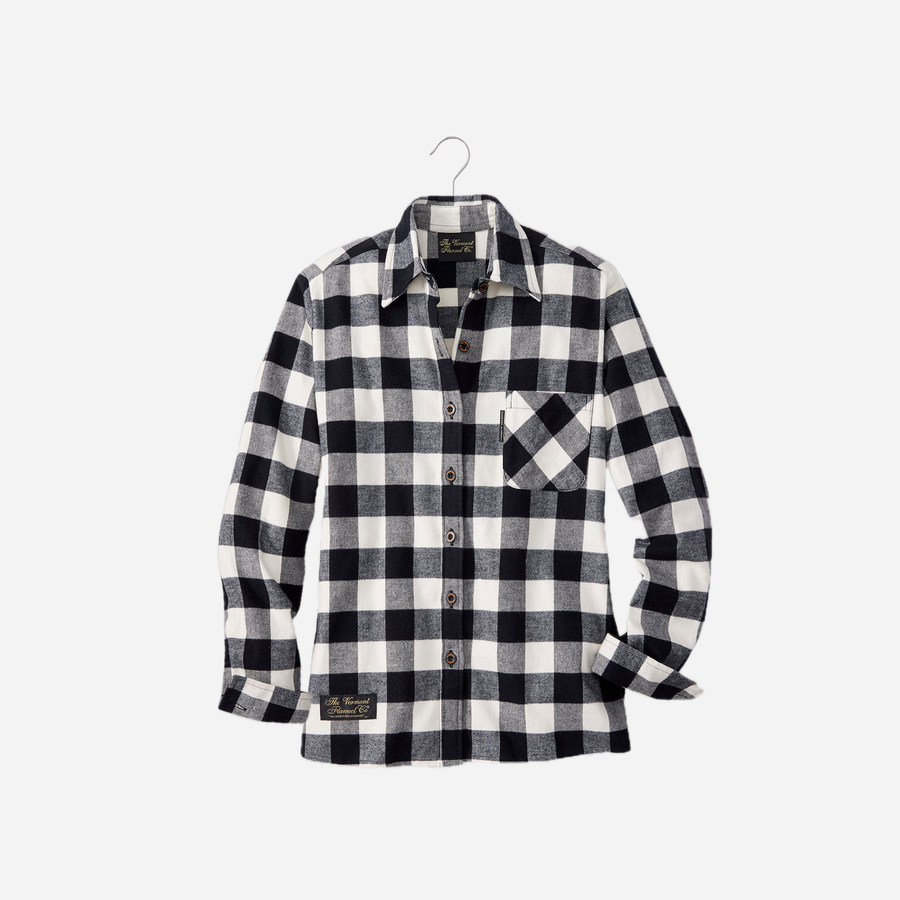 Vermont Flannel Women's Classic Flannel Shirt in Upcountry Check, hanging front view with a single bias-cut chest pocket