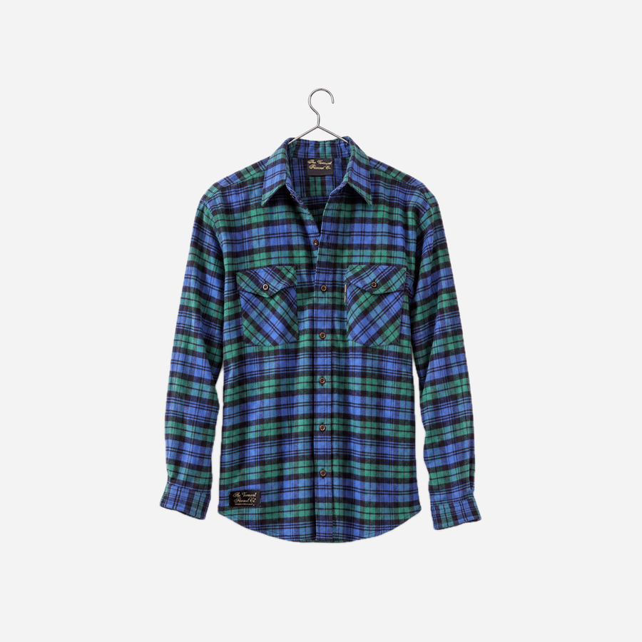 Vermont Flannel Men's Classic Flannel Shirt in Black Watch, front view on a silver wire hanger