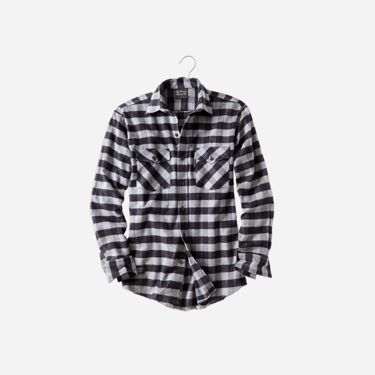 Vermont Flannel Men's Classic Flannel Shirt in Gray Buffalo, hanging front view with two button-flap chest pockets