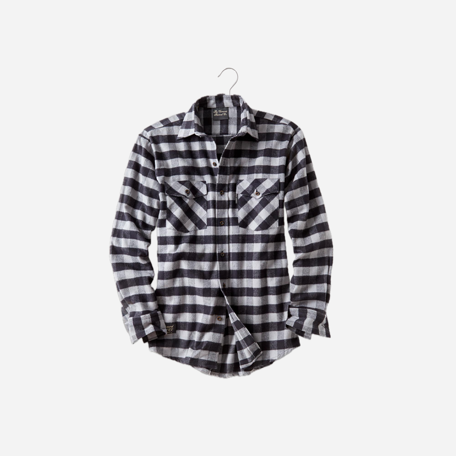 Vermont Flannel Men's Classic Flannel Shirt in Gray Buffalo, hanging front view with two button-flap chest pockets