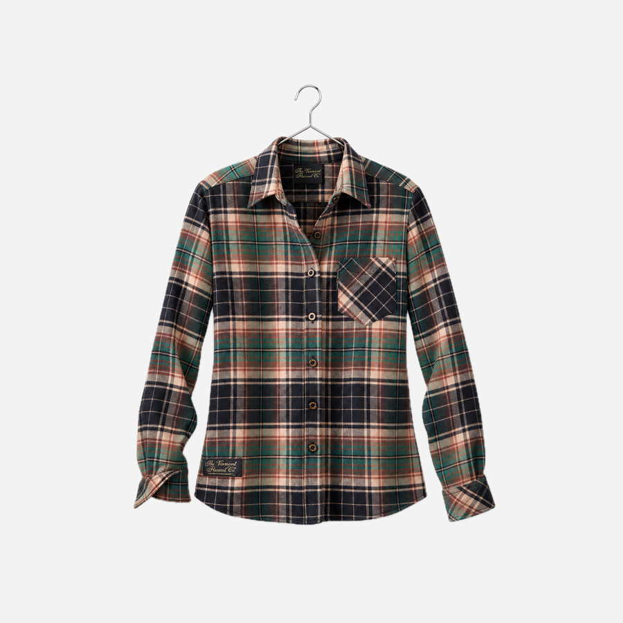 Vermont Flannel Women's Classic Flannel Shirt in Earth, front view on a silver wire hanger